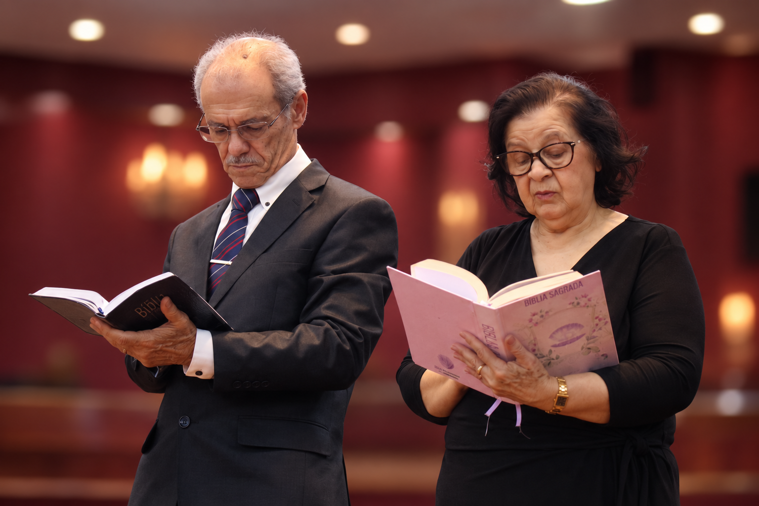 Pr. Elandi e sua esposa lendo a Bíblia na igreja